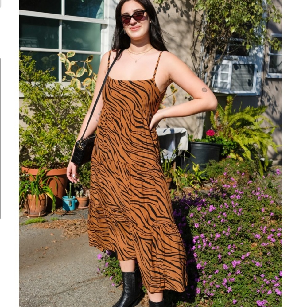 Faithfull the Brand Kenya Corvina Tiger Print MIDI Dress Tie Back